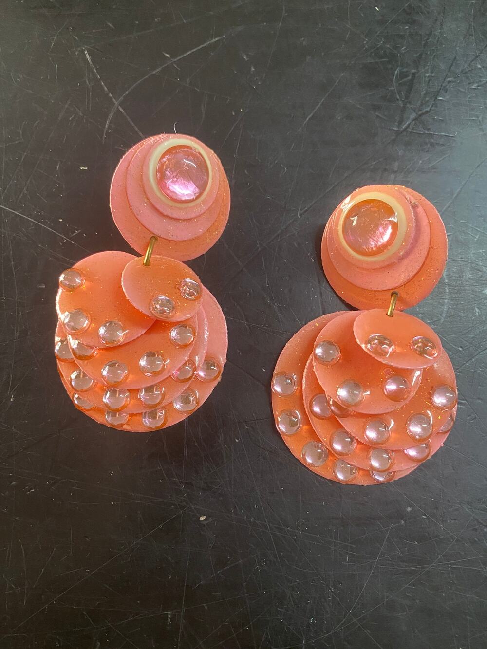 vintage 1980s huge statement earrings, pink rhinestones, 80s fashion, clip on